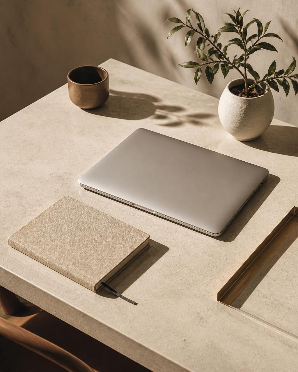 A quiet studio desk with a laptop, notebook and plant in warm daylight