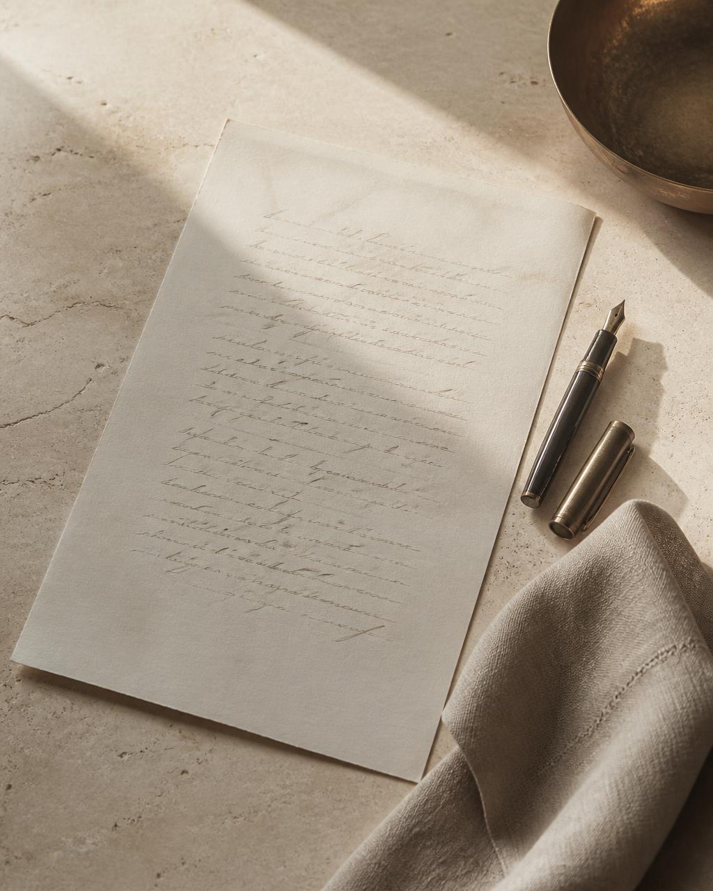 A handwritten project brief beside a fountain pen on a limestone table